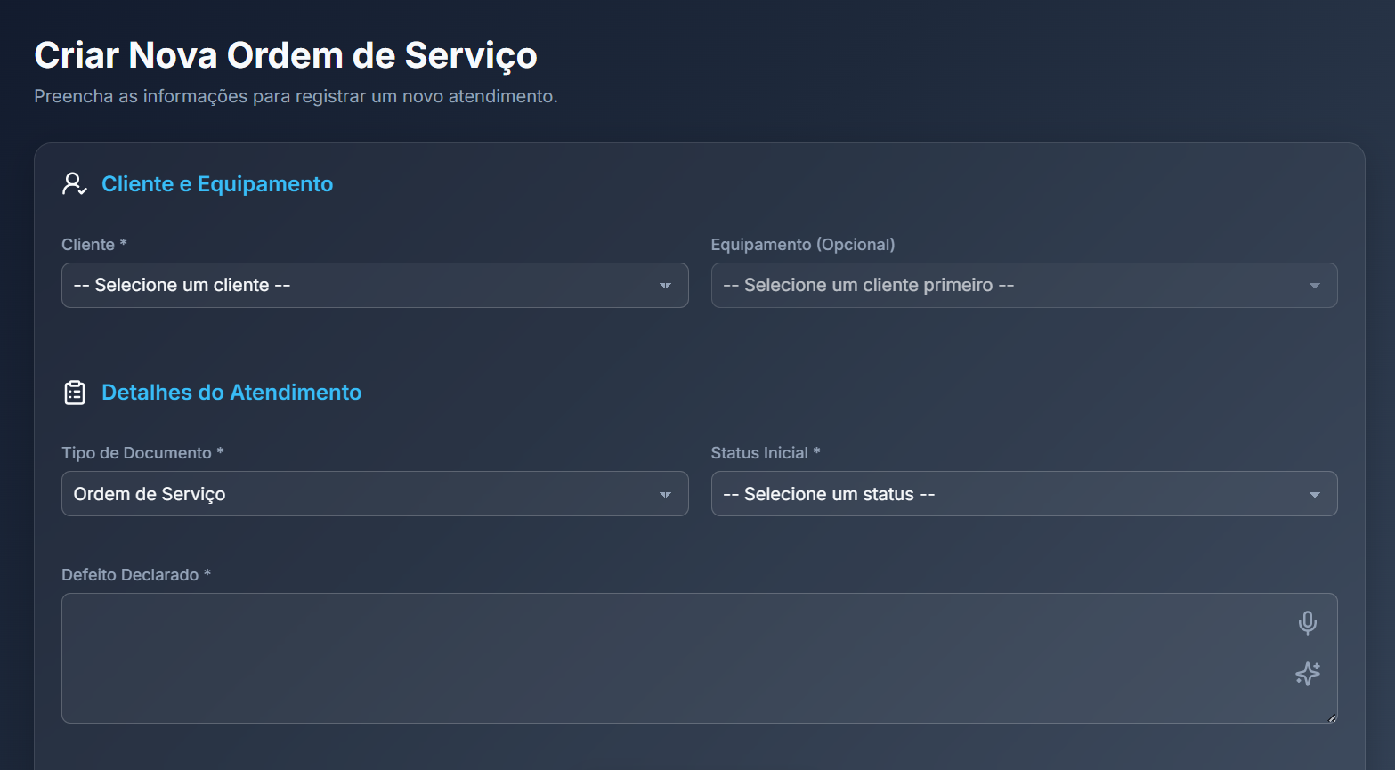 Tela de criação de nova Ordem de Serviço